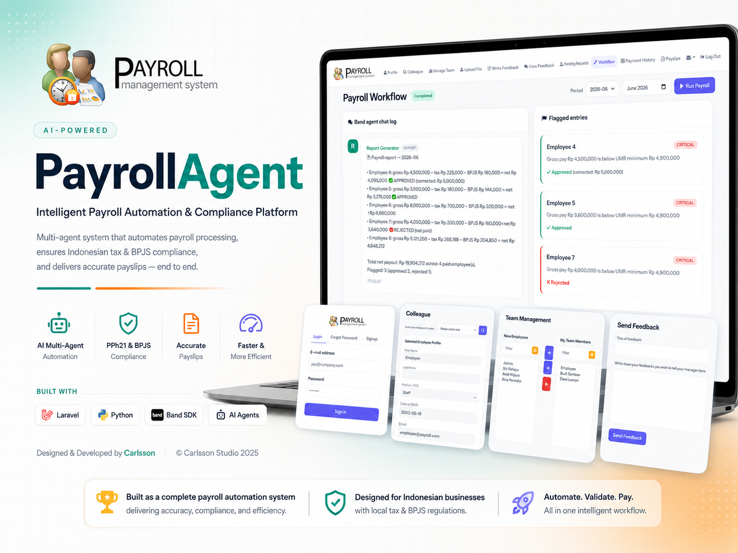 PayrollManagement system overview showing the dashboard and AI workflow.