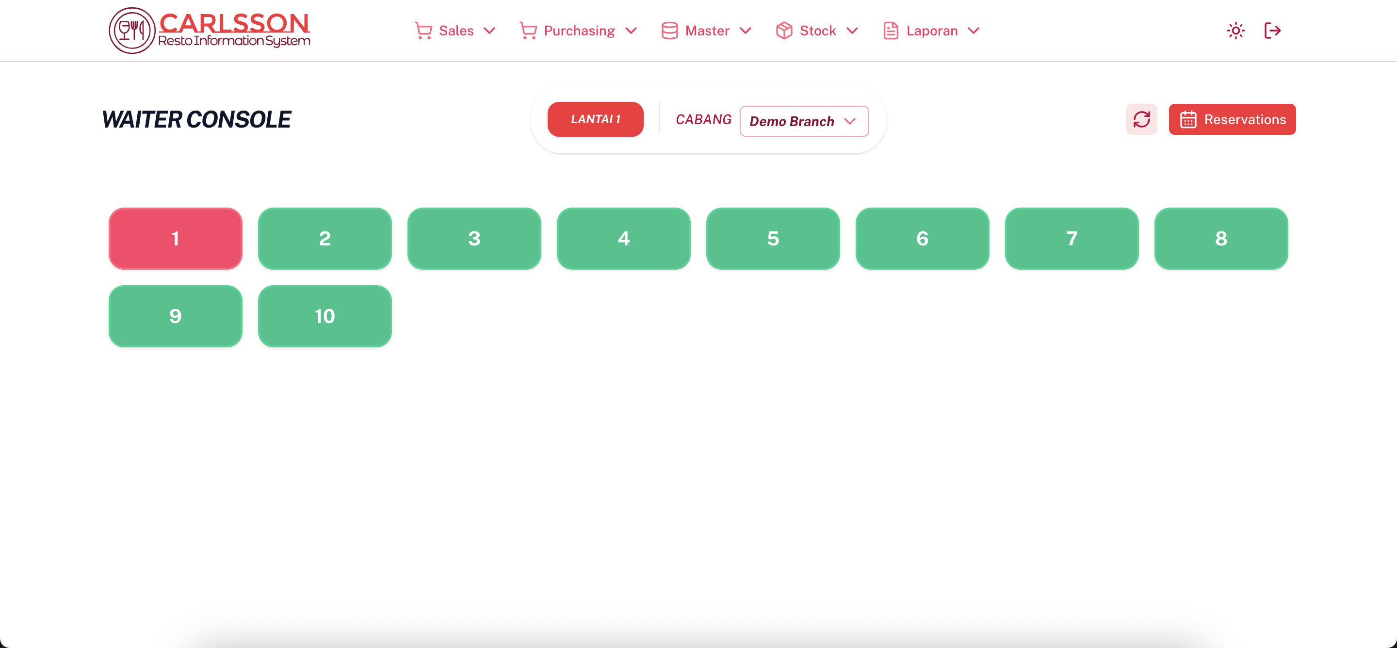 Table view on POS terminal