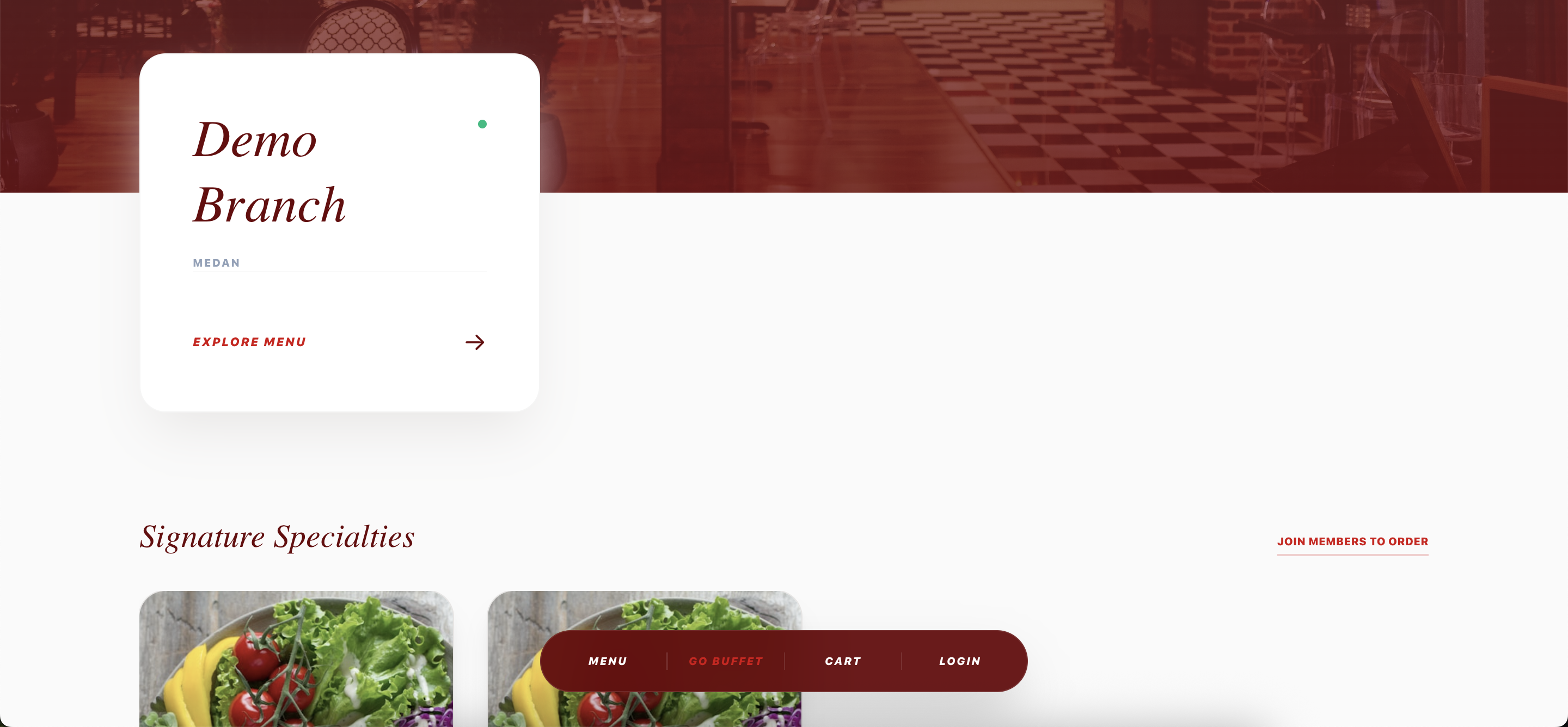Public homepage of the restaurant's site below banner